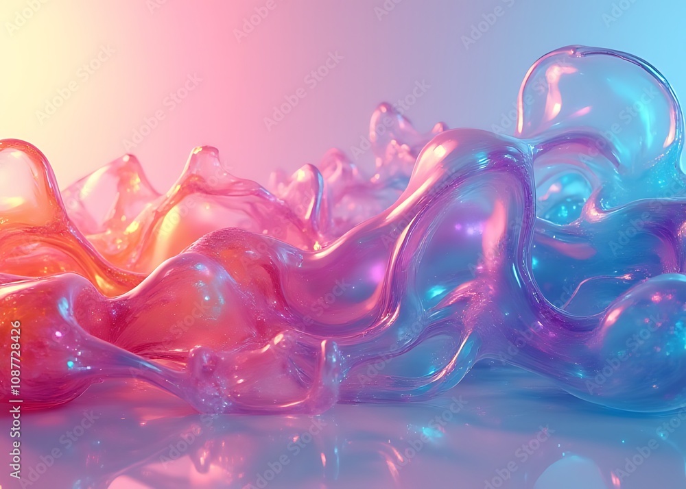 Poster A vibrant abstract design features colorful glass shapes and fluid lines in a 3D rendered style with a holographic gradient effect.