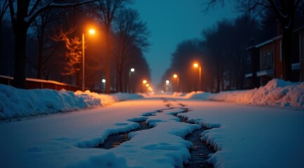 A serene winter street scene at dusk with snow-covered road and glowing streetlights under a dark, tranquil sky