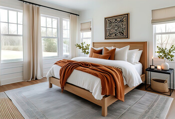 bright and cozy modern farmhouse bedroom with white walls, roman blind made of natural linen, soft neutral decor