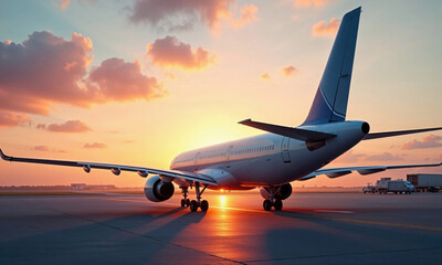 Stunning commercial aircraft silhouetted against fiery orange sunset sky. Side view of passenger...