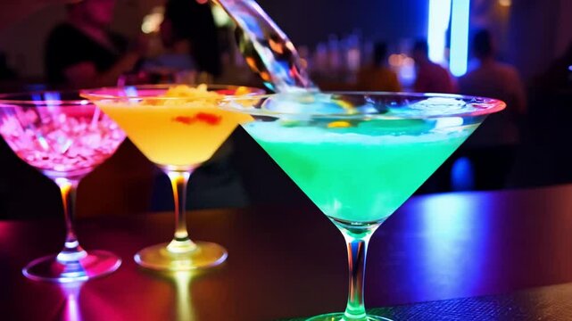 Colorful cocktail drinks displayed on a bar in a lively nightlife setting
