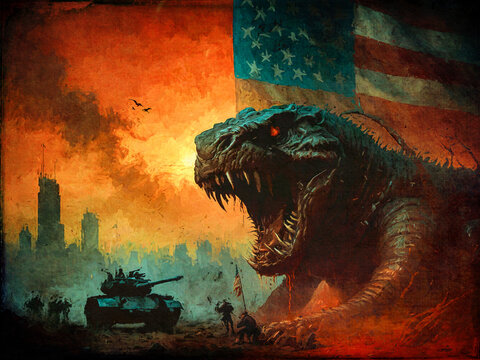 Ein riesiger Dinosaurier terrorisiert eine Stadt vor einer amerikanischen Flagge und einem Panzer bei Sonnenuntergang