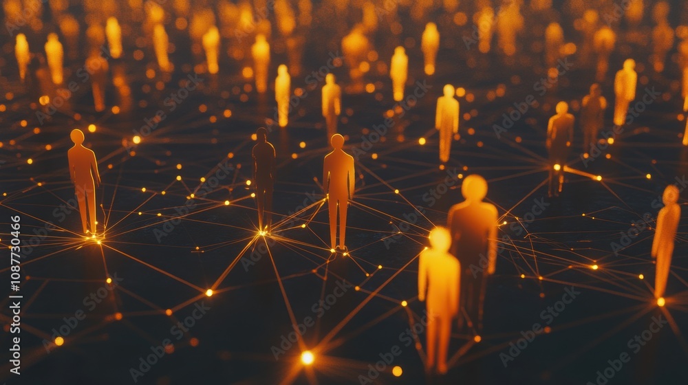 Poster abstract representation of interconnected individuals in a digital network.