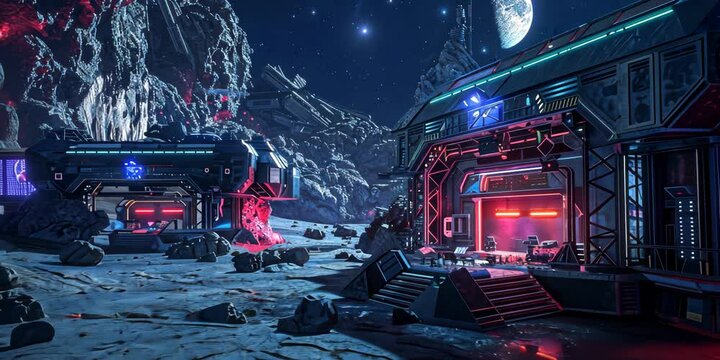 Galactic outpost in a neon-lit asteroid belt, 4K Video