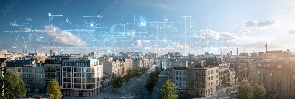 Fototapete Innovative architecture showcases a smart city with buildings linked through an advanced AI network, highlighting modern urban living. Generative AI