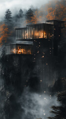 Dramatische Architektur in nebliger, feuriger Landschaft

