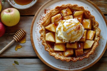 Food photography, caramelized apple pie with cinnamon topped with vanilla ice cream, drizzled with honey, warm lighting, rustic wooden table setting, banner with copy space, top view.