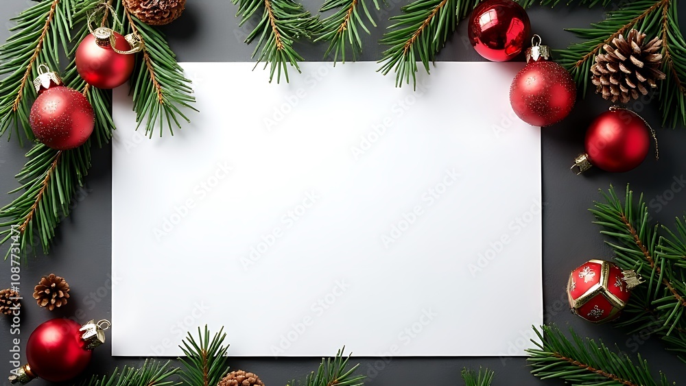 Poster Blank white Christmas card with pine cones, fir branches, and red ornaments on a dark textured vertical background for copy space.