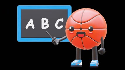 3D Basketball Character Teaching ABC Letters On Blackboard Suitable For Educational And Learning Content. Transparent Background. Alpha Background. Looping Animation. - Powered by Adobe