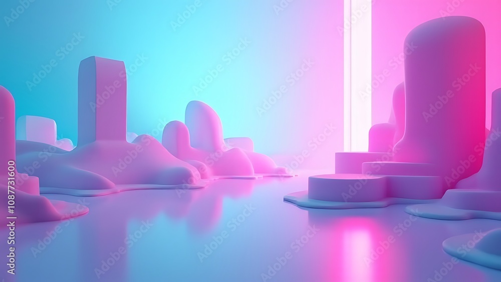Poster Bright cyan and magenta shapes create depth in an abstract 3D digital landscape with light reflections and a vertical element of visual interest.
