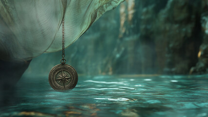 A vintage compass suspended over tranquil waters in a misty cave at twilight reveals the mystery of exploration and adventure