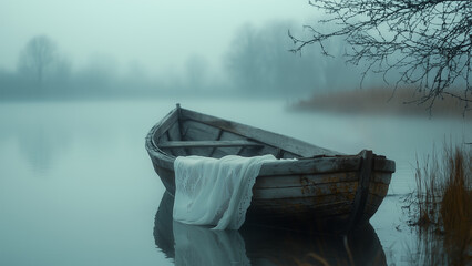 A lonely wooden boat drifts on a misty lake at dawn surrounded by trees in soft fog