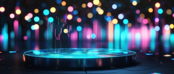 A futuristic platform surrounded by colorful, glowing lights and patterns.