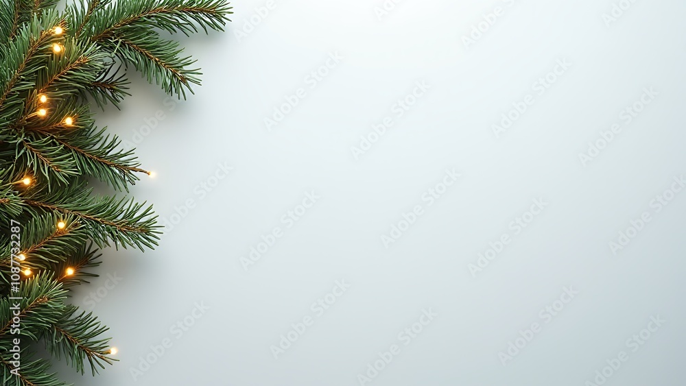 Poster christmas scene featuring pine branches and twinkling lights set against a crisp light gray backgrou