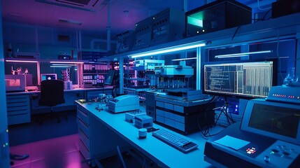A high-tech lab with laser equipment set up for experiments, and computer screens displaying precise measurements and outcomes.