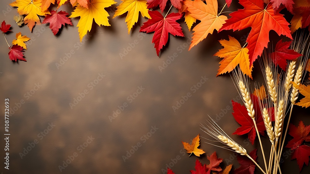 Aufkleber colored leaves and wheat on a brown tabletop, set against an autumnal backdrop in flat lay style wit