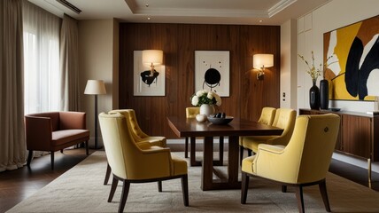 Elegant dining room with a wooden wall, mustard yellow chairs, and modern art.