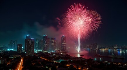 Vibrant red fireworks lighting up a night city skyline during new year celebrations