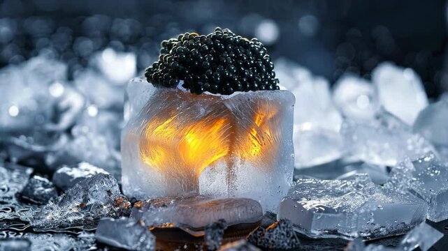 Black sturgeon caviar on a melting ice block. Luxury seafood at the holidays.