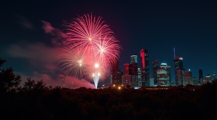Vibrant red fireworks lighting up a night city skyline during new year celebrations