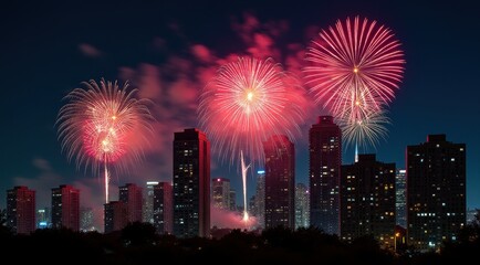 Vibrant red fireworks lighting up a night city skyline during new year celebrations