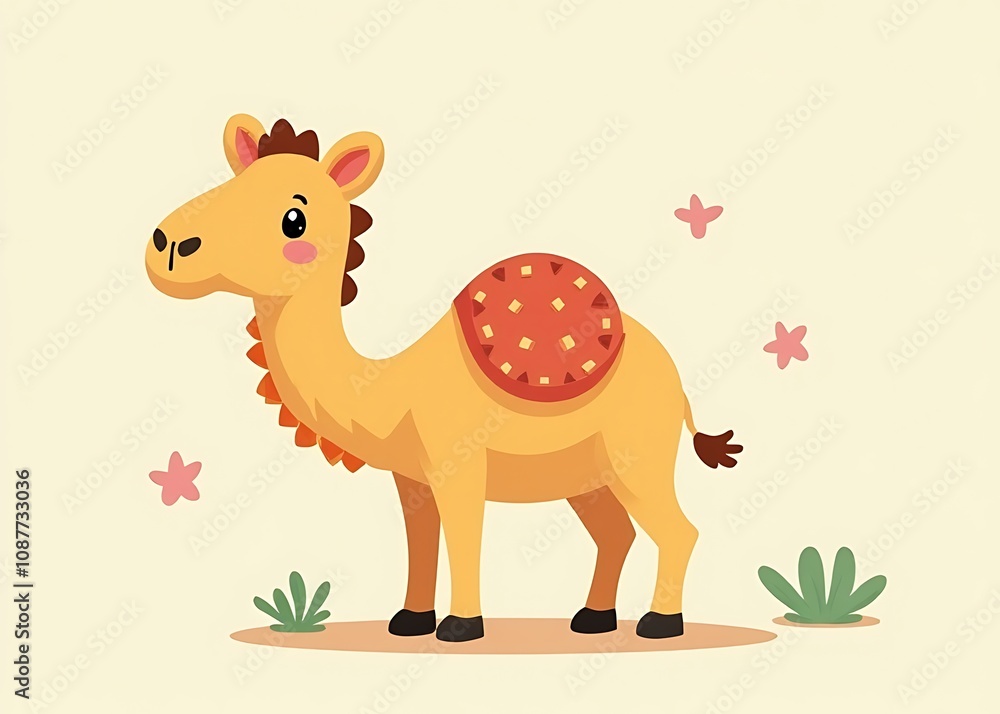 Poster colorful kawaii illustration of a cute camel on a solid background with a simple geometric design in
