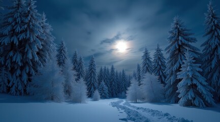 Naklejka premium Snow-covered landscape with tall pines and a glowing full moon on a serene winter night