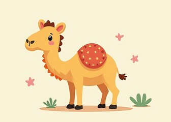 Colorful Kawaii illustration of a cute camel on a solid background with a simple geometric design in an isolated nature concept.