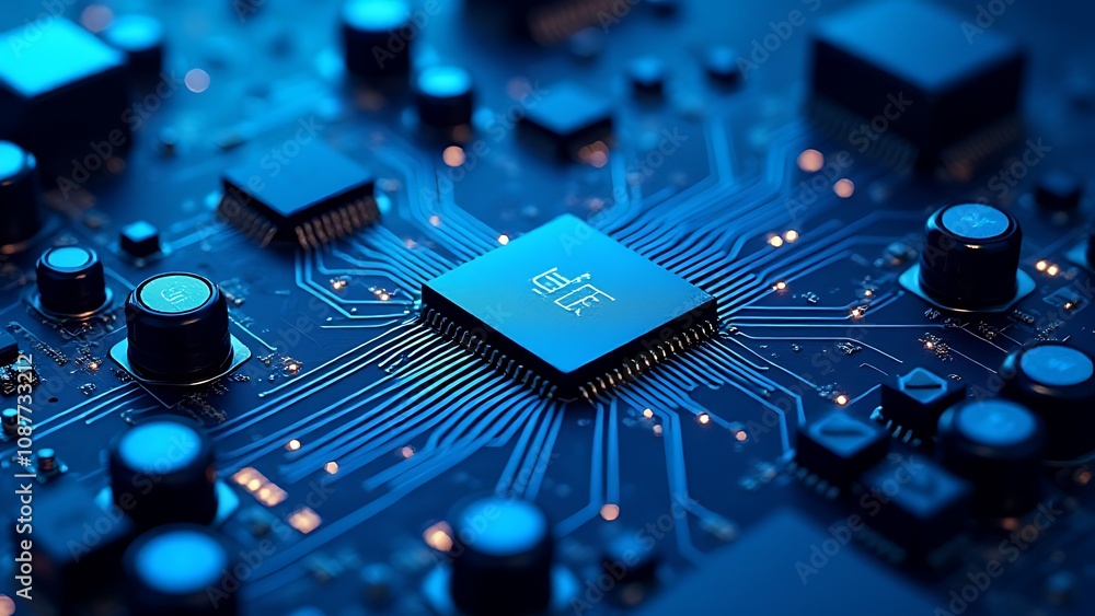 Poster Computer circuitry illustration features a light and dark blue colored motherboard with technical components on a flat vector eps 10 design.
