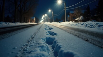 Snow-covered road at night illuminated by streetlights, with visible tire tracks and quiet residential surroundings