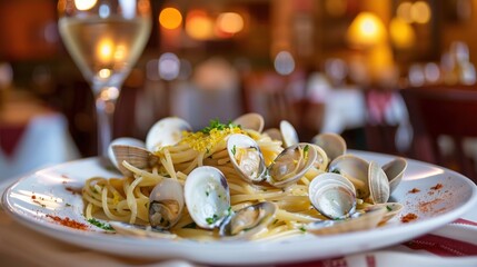 A mouthwatering plate of Italian spaghetti alle vongole, pasta with fresh clams