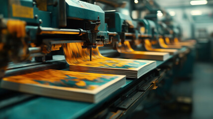 Fototapeta premium Close-up of a large-scale printing machine processing colorful sheets of paper in an industrial print shop environment