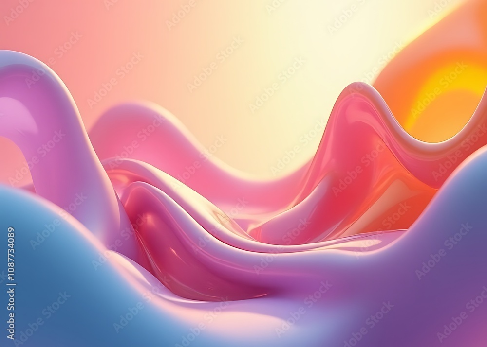 Poster d rendered abstract background features vibrant colors, shiny glass shapes, and fluid curved lines i