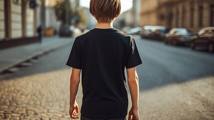 A boy stands on a city street, facing away, capturing a moment of solitude and contemplation.