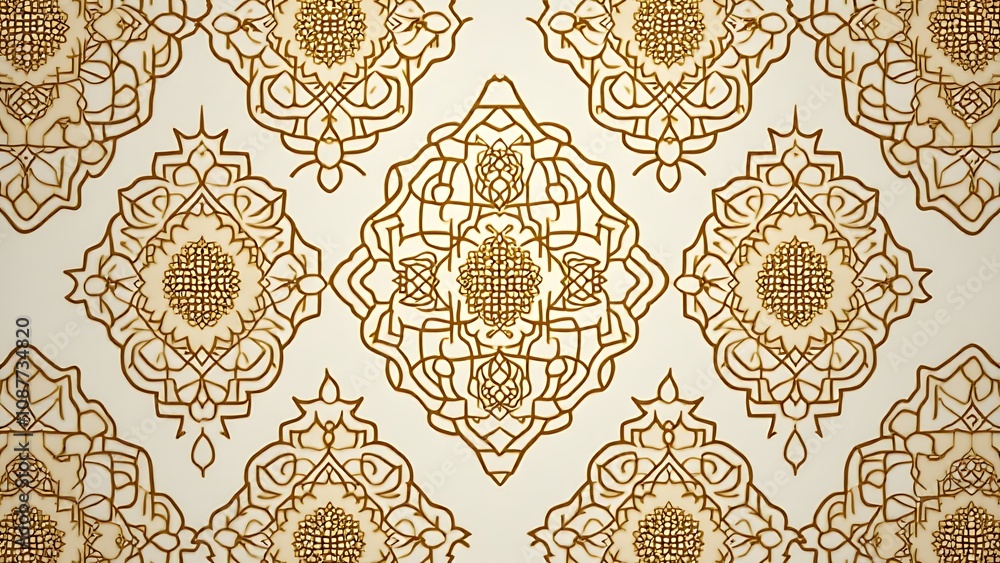 Poster eometric ornament features a seamless beige background with intricate dark gold and islamic patterns