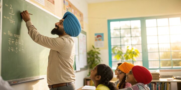 Indian sikh teacher with turban writing math exercises on the blackboard while his attentive elementary school students watch him in the classroom