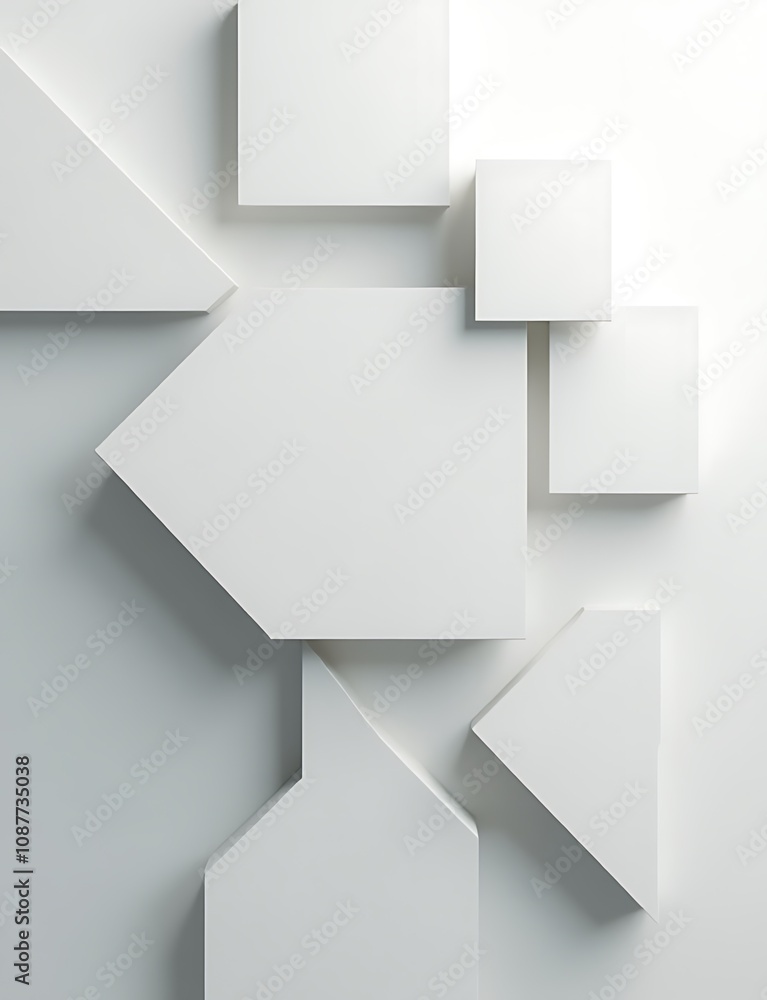 Poster etric shapes in various shades of grey and white are used to create a complex abstract design suitab