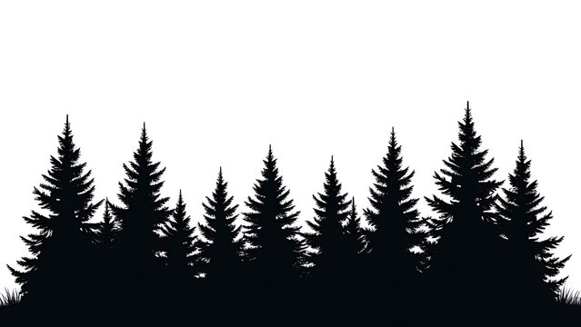 Evergreen forest firs and spruces create stark black shapes against a white background, resembling natural woodland trees in vector illustration.