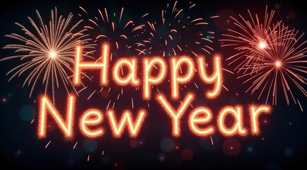 Festive "Happy New Year" text with vibrant fireworks display in the night sky, capturing the essence of celebration and new beginnings