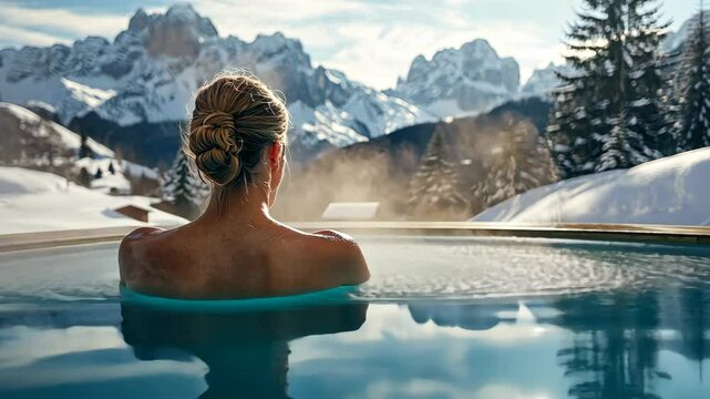 A woman enjoys a hot bath in a pool at a spa retreat with steam around her, against a backdrop of snowy mountains in winter. Video
