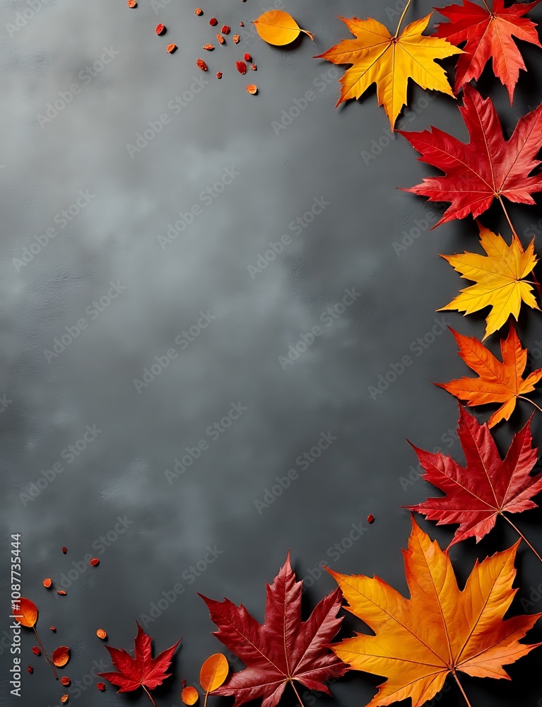 Poster Flat lay background with autumnal hues on a grey slate texture, ideal for design elements and copy space concepts.