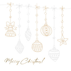 Set of gold and silver Christmas tree balls on a rope. Winter illustration in a hand-drawn style. Can be used to create cards, invitations, backgrounds, patterns, coloring pages.