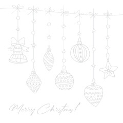 Silver Christmas tree balls on a rope. Hand-drawn illustration for New Year and Christmas. Can be used to create cards, invitations, backgrounds, patterns, coloring pages.