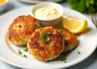 Freshly made crab cakes served atop a crisp white plate accompanied by tangy remoulade sauce and a slice of lemon.