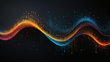 A dynamic visualization of data in motion, with colorful waves of binary code forming abstract shapes over a dark, sleek background