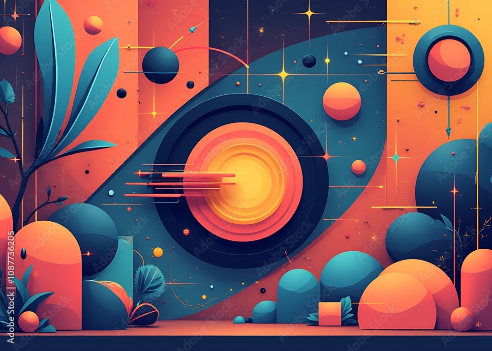 Poster Geometric shapes and icons in flat vector form create a colorful futuristic design with brutalist undertones.