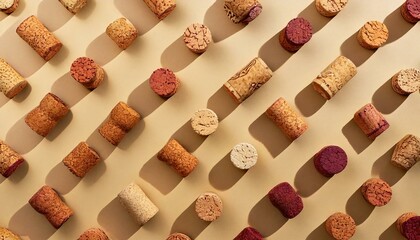 Pattern with wine corks from white and red wine on beige pastel color background with hard light and shadow at sunlight. Trend layout with bottle cap wooden cork, top view, minimal flat lay