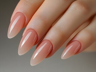 Beautiful woman with a perfect face and lips, a beautiful manicure on her hands in a peach color, a close-up of the hand near the mouth, the background is flowers and plants in peach shades, a profes