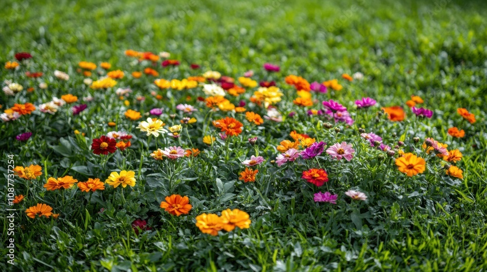 Poster A bright and lively field showcases a diverse array of colorful flowers flourishing fully among the lush green grass in spring. Generative AI