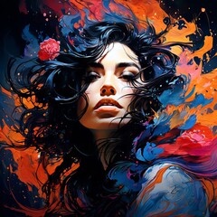 Naklejka premium Vibrant portrait of a woman with flowing hair surrounded by fiery colors. Artistic expression and bold hues create an impactful visual, perfect for creative projects and modern design.